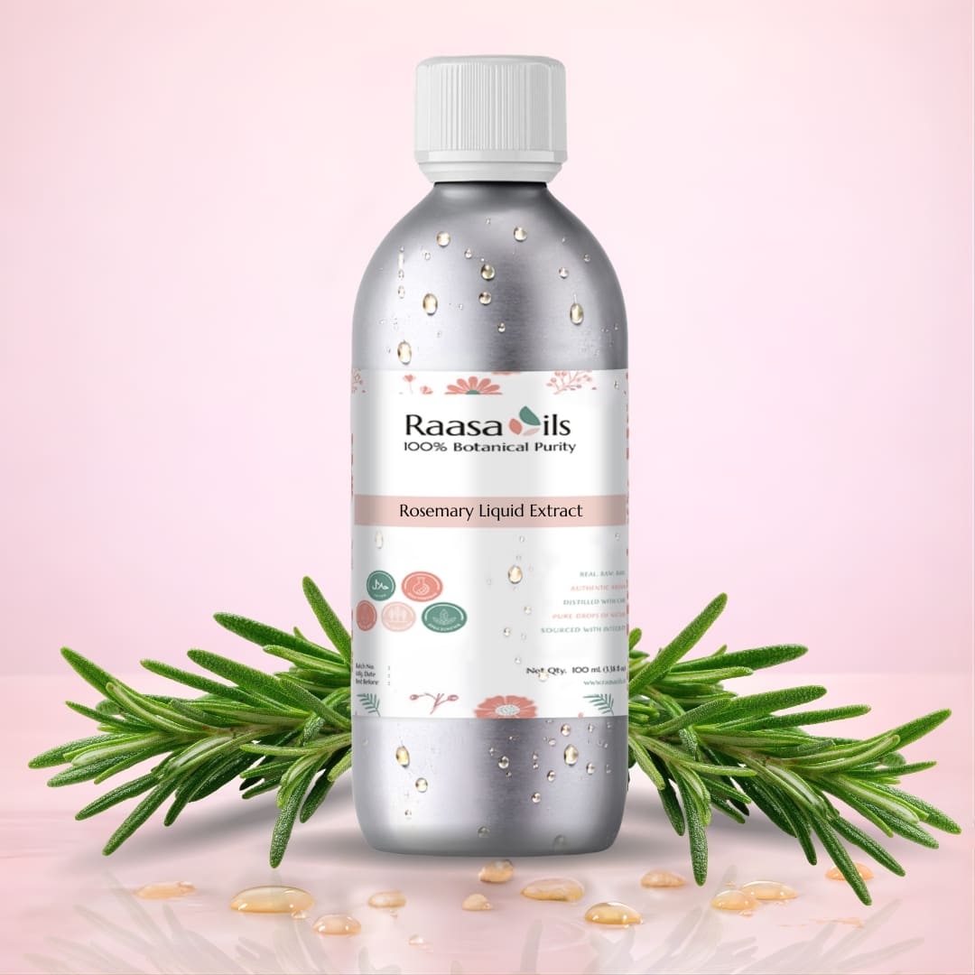 Bottle of Raasa Oils Rosemary Liquid Extract with rosemary leaves on a pink background