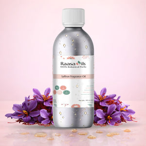 Raasa Oils saffron fragrance oil bottle with saffron flowers on a pink background