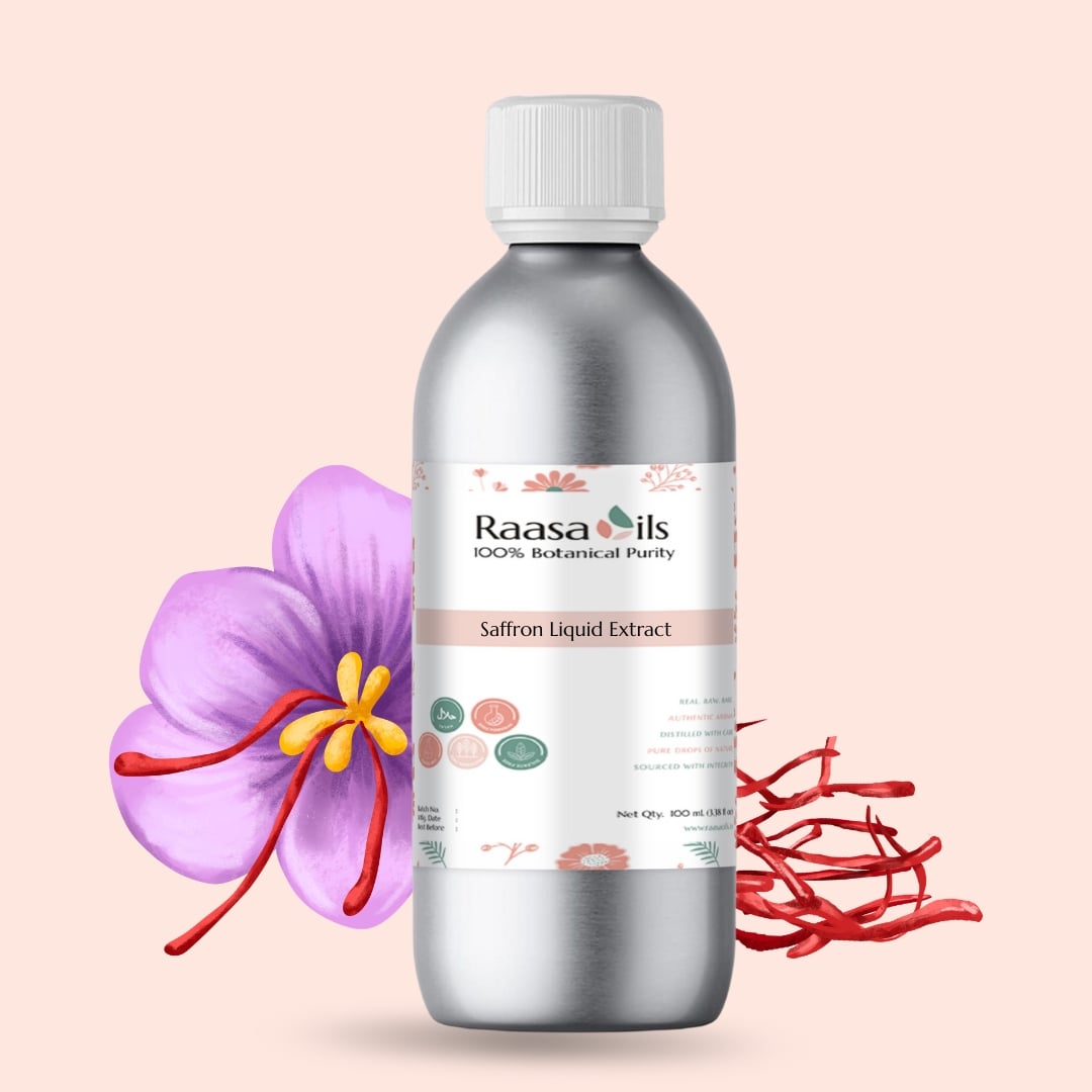 Bottle of Raasa Oils Saffron Liquid Extract with saffron flower and roots on a light pink background