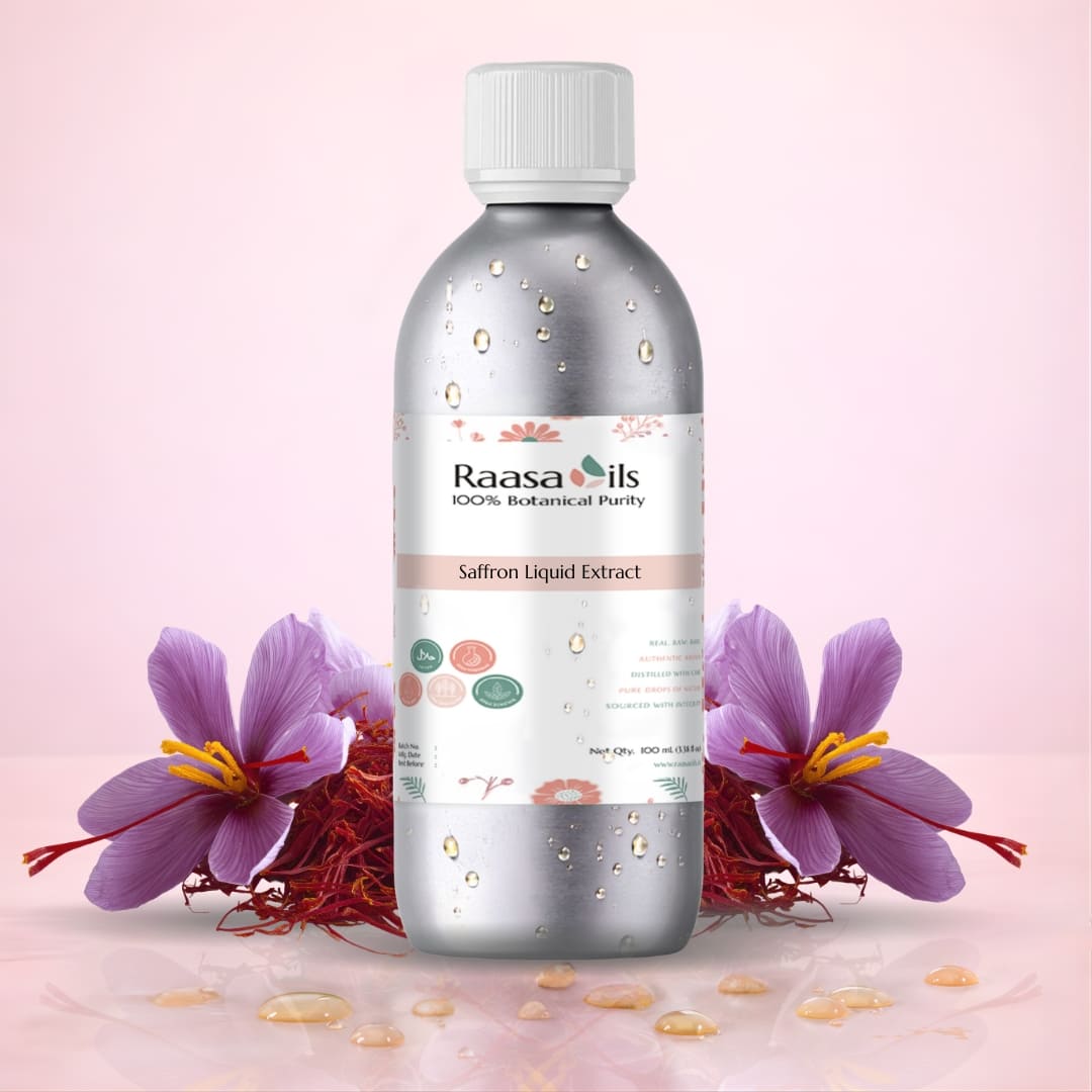Raasa Oils saffron liquid extract bottle with saffron flowers on a pink background