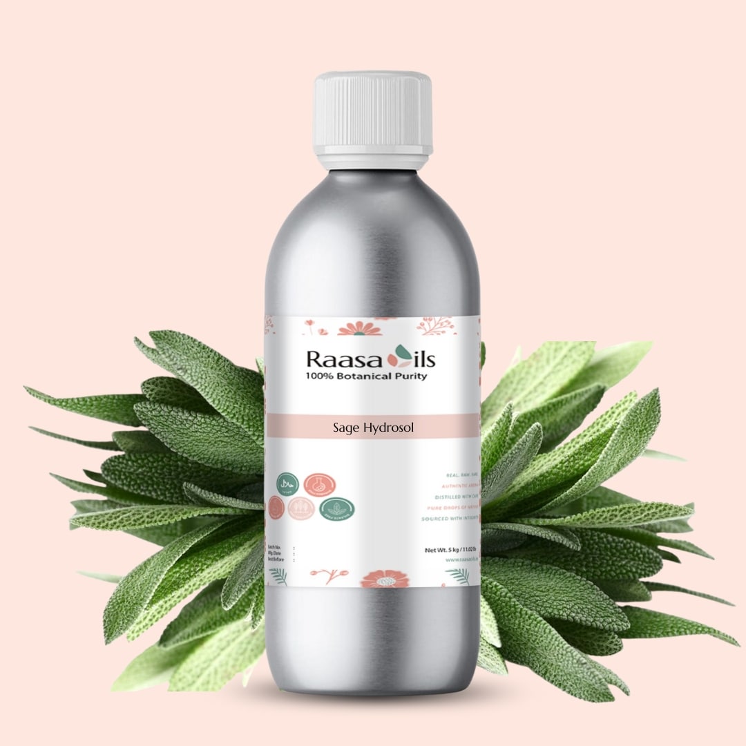 Bottle of Raasa Oils Sage Hydrosol with sage leaves on a pink background