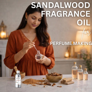Woman preparing sandalwood fragrance oil with ingredients on a table, text 'Sandalwood Fragrance Oil for Perfume Making'.