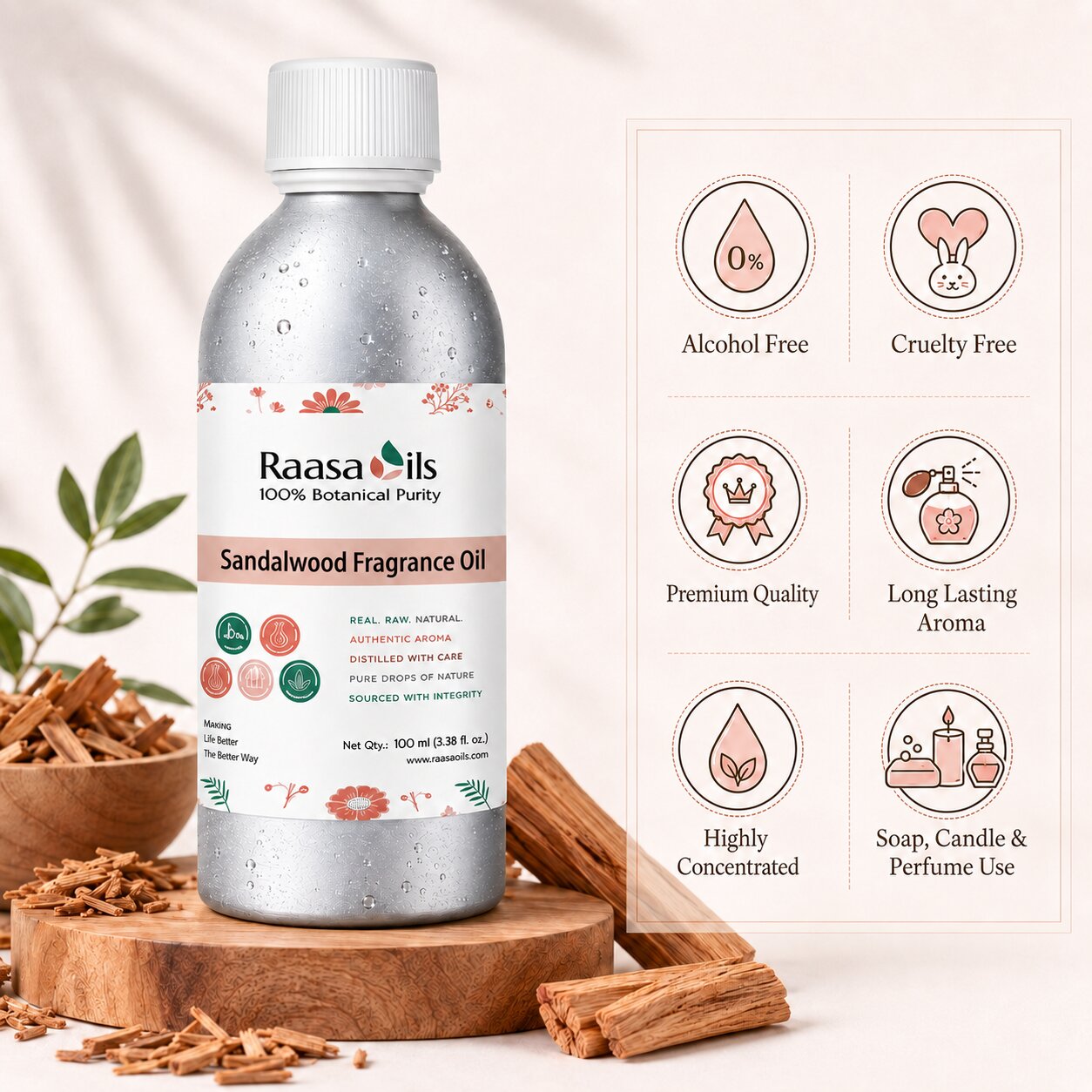 A bottle of Raasa Oils Sandalwood Fragrance Oil displayed on a wooden stand with cinnamon sticks, next to a graphic card detailing product benefits like 'Alcohol Free', 'Cruelty Free', and 'Premium Quality'.