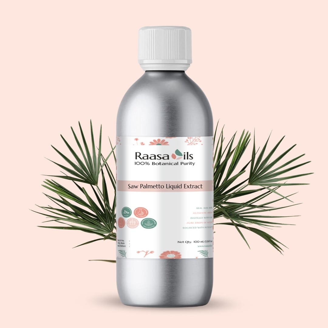 Bottle of Raasa Oils Saw Palmetto Liquid Extract with palm leaves on a light pink background