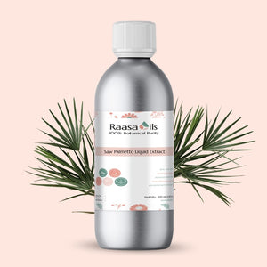 Bottle of Raasa Oils Saw Palmetto Liquid Extract with palm leaves on a light pink background