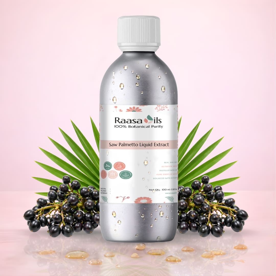 Raasa Oils bottle with saw palmetto berries on a pink background