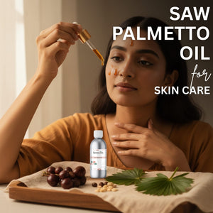 Woman applying saw palmetto oil to her face with a dropper, surrounded by palm leaves and berries.