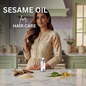 Woman with long hair in a kitchen setting with sesame oil products.