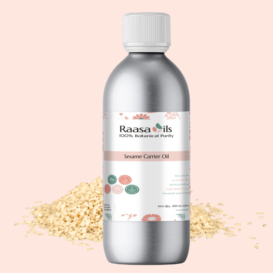 Bottle of Raasa Oils Sesame Carrier Oil with sesame seeds on a light pink background