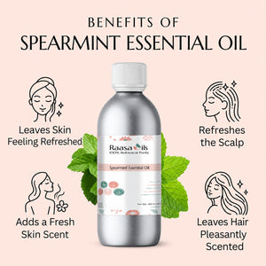 A bottle of Raasa Oils Spearmint Essential Oil centered on a pale pink background, surrounded by illustrated icons and text describing benefits for skin and scalp. The bottle is silver with a white cap and a white label featuring green leaf graphics.