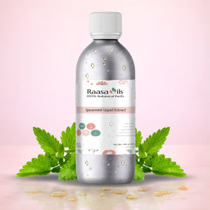 Bottle of Raasa Oils Spearmint Liquid Extract with spearmint leaves on a pink background