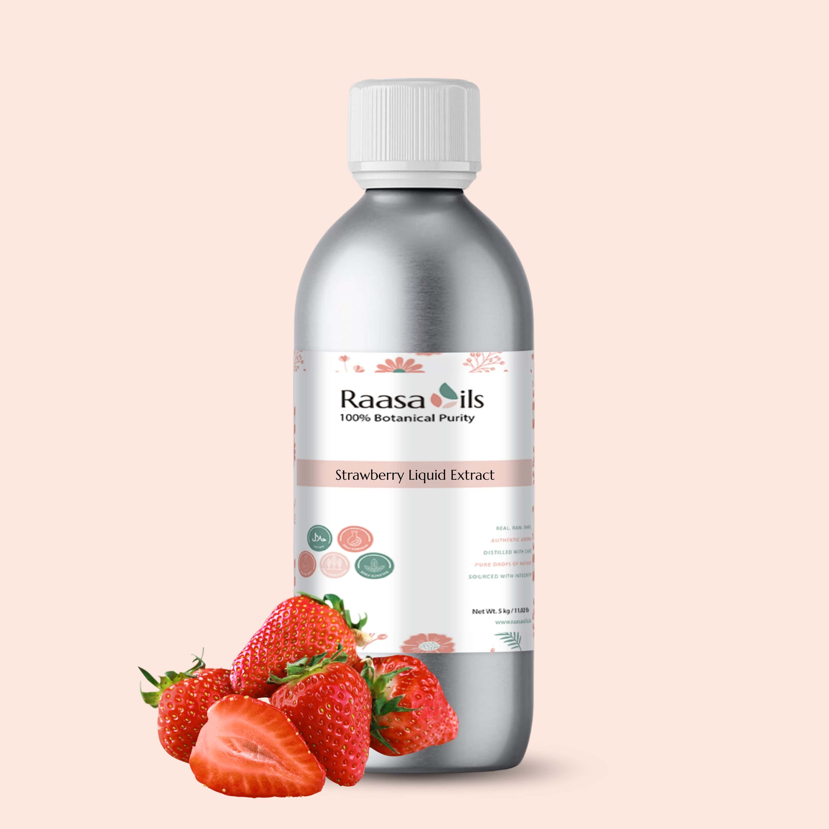 Bottle of Raasa Oils Strawberry Liquid Extract with strawberries on a beige background
