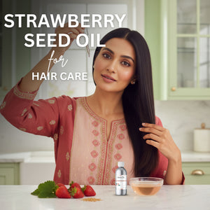 Woman with long hair in a kitchen setting with strawberry seed oil products.