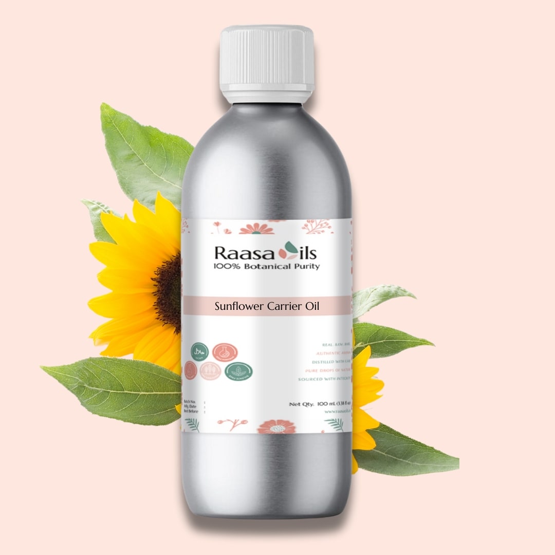 Raasa Oils sunflower carrier oil bottle with sunflower and leaves on a light pink background