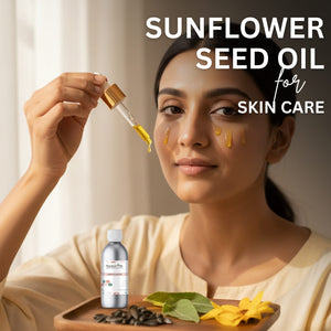 Woman applying sunflower seed oil to her face with a dropper, surrounded by sunflower seeds and leaves on a wooden tray.