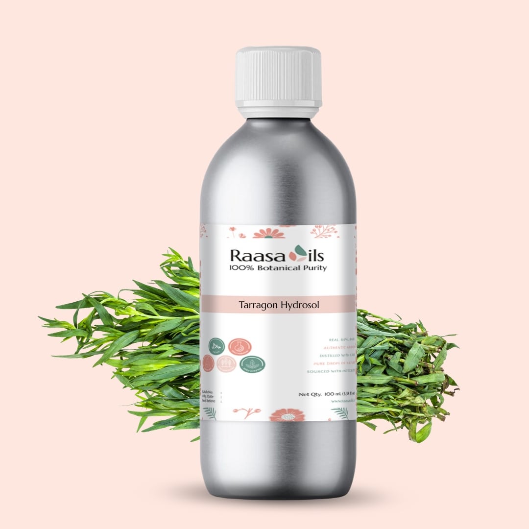 Bottle of Raasa Oils Tarragon Hydrofol with tarragon leaves on a light pink background