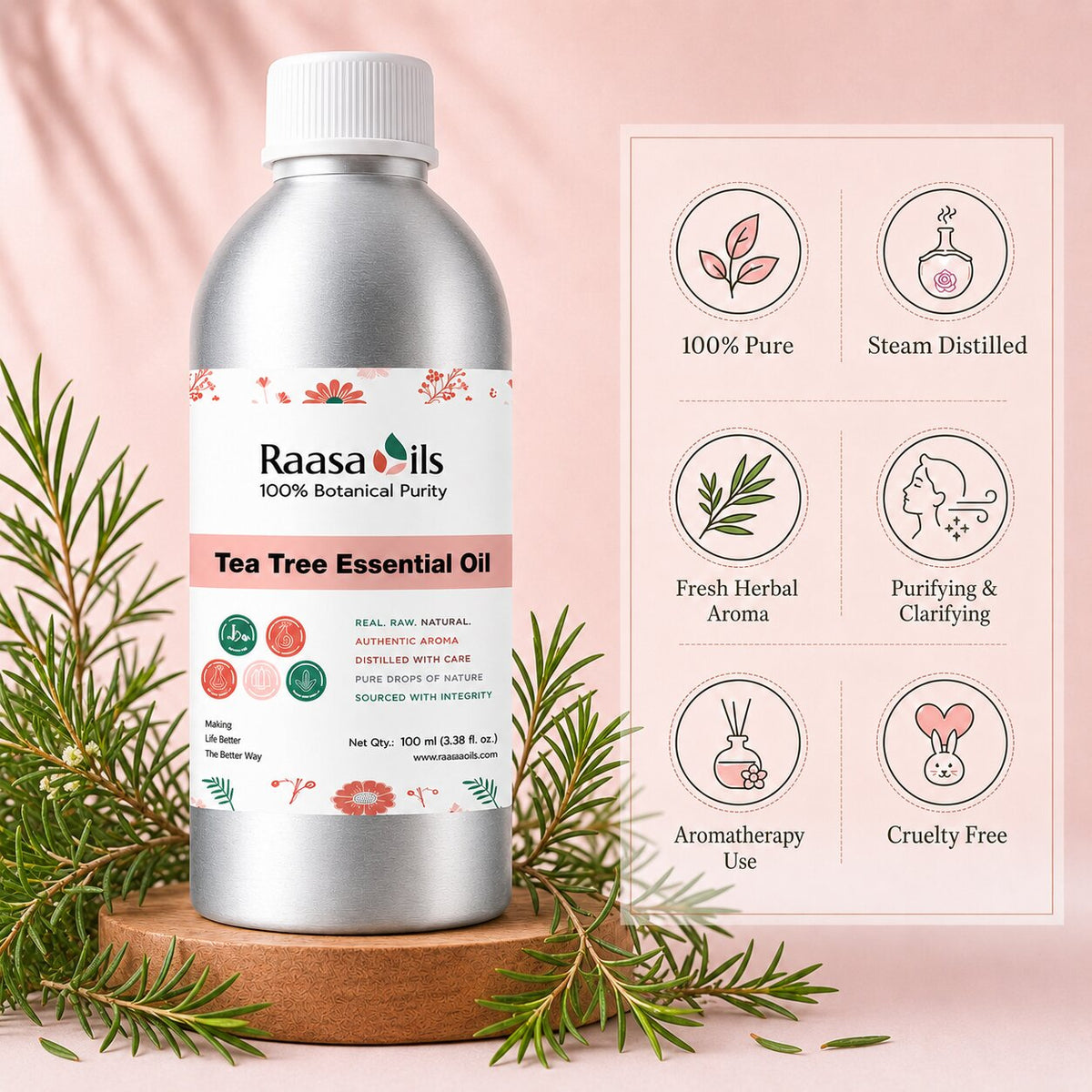 A bottle of Raasa Oils Tea Tree Essential Oil displayed on a wooden coaster with green pine branches, next to an informational graphic detailing product benefits on a soft pink background.