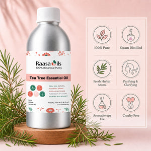 A bottle of Raasa Oils Tea Tree Essential Oil displayed on a wooden coaster with green pine branches, next to an informational graphic detailing product benefits on a soft pink background.