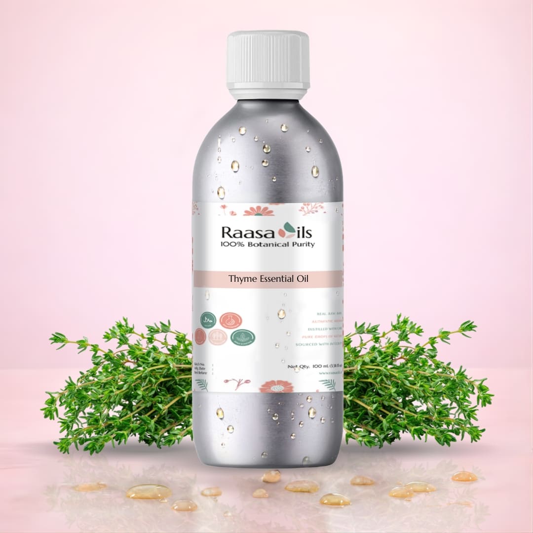 Raasa Oils Thyme Essential Oil bottle with thyme plants on a pink background