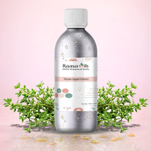 Bottle of Raasa Oils Thyme Liquid Extract with thyme branches on a pink background