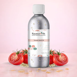 Bottle of Raasa Oils Tomato Seed Oil with tomatoes and seeds on a pink background