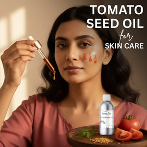Woman with tomato seed oil on her face, holding a dropper with oil, and a bottle of tomato seed oil on a tray.
