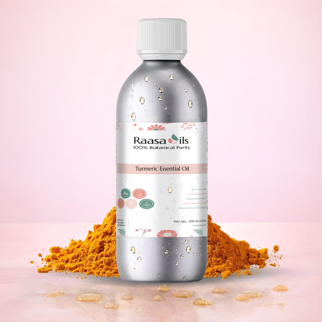 Bottle of Raasa Oils Turmeric Essential Oil with turmeric powder on a pink background