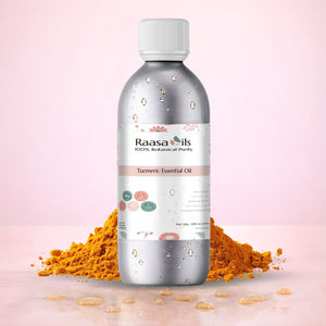Bottle of Raasa Oils Turmeric Essential Oil with turmeric powder on a pink background