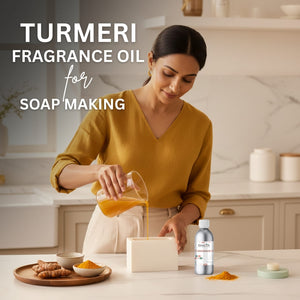 Woman pouring a liquid into a container with Turmeri fragrance oil for soap making on a kitchen counter.