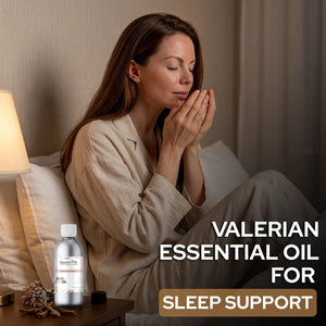 Woman sitting on a bed with Valerian essential oil bottle, text about sleep support.