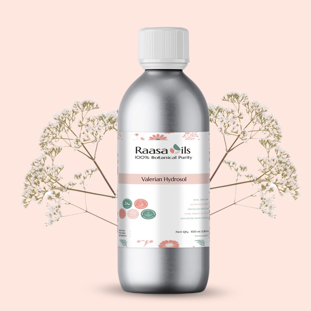 Bottle of Raasa Oils Valerian Hydrofol on a light pink background with floral elements.