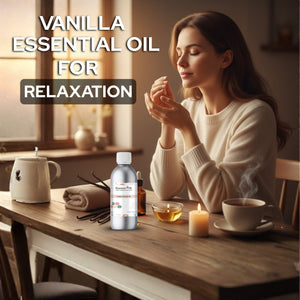 Woman sitting at a table with vanilla essential oil for relaxation, surrounded by candles and a cup of tea.