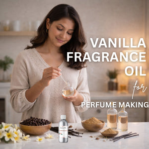 Woman preparing vanilla fragrance oil with ingredients on a table, text 'Vanilla Fragrance Oil for Perfume Making'.