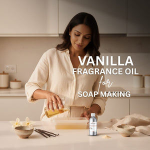 Woman in a kitchen preparing soap with vanilla fragrance oil, surrounded by vanilla beans and a bottle of vanilla fragrance oil.