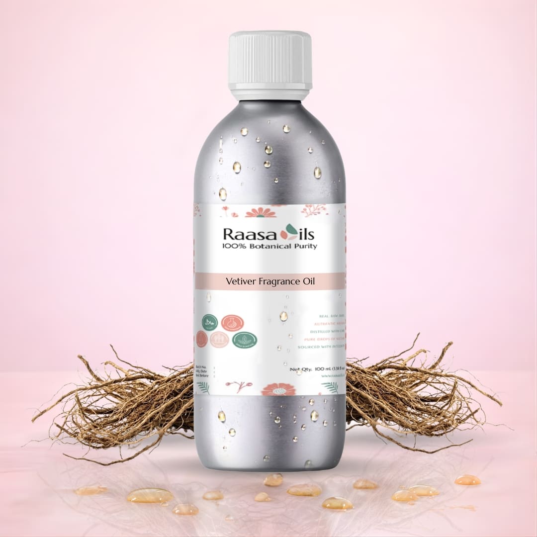 Bottle of Raasa Oils Velvety Fragrance Oil on a pink background with natural elements.