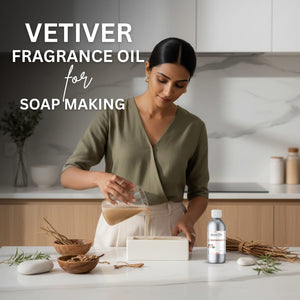 Woman pouring a liquid into a container with text about vetiver fragrance oil for soap making.