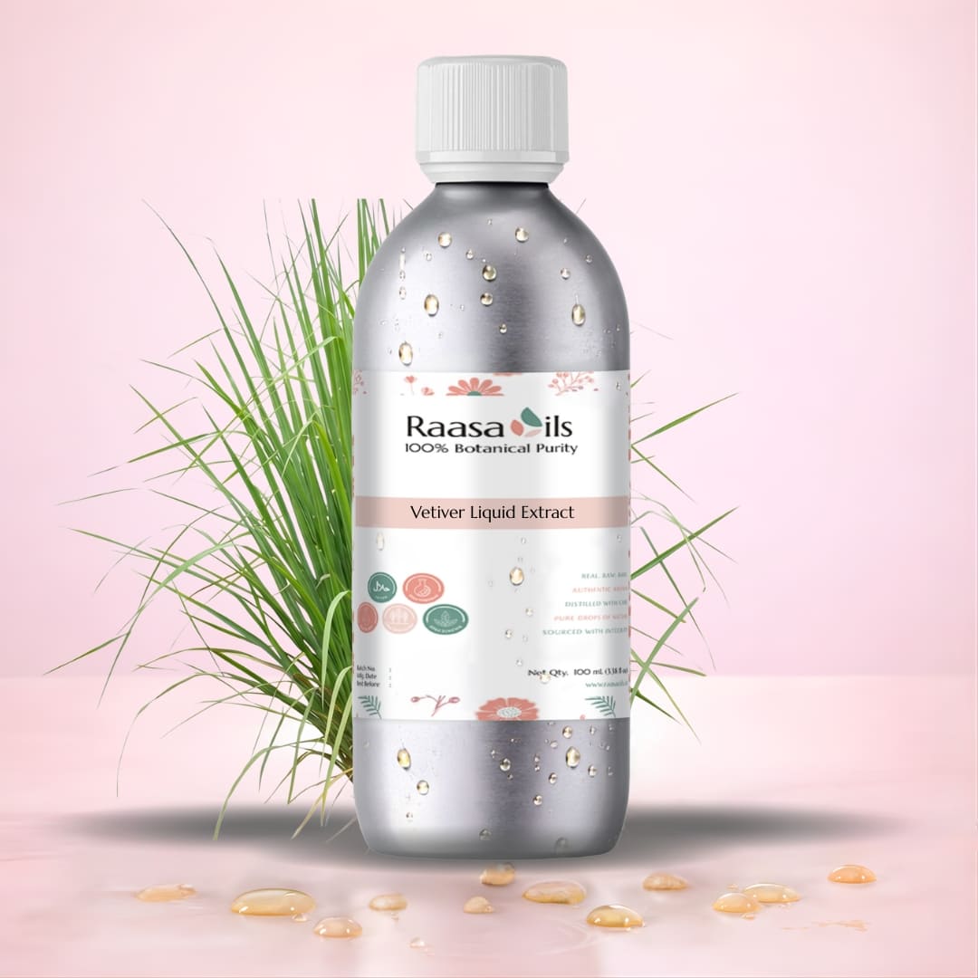 Bottle of Raasa Oils Vetchling Liquid Extract with plants on a pink background