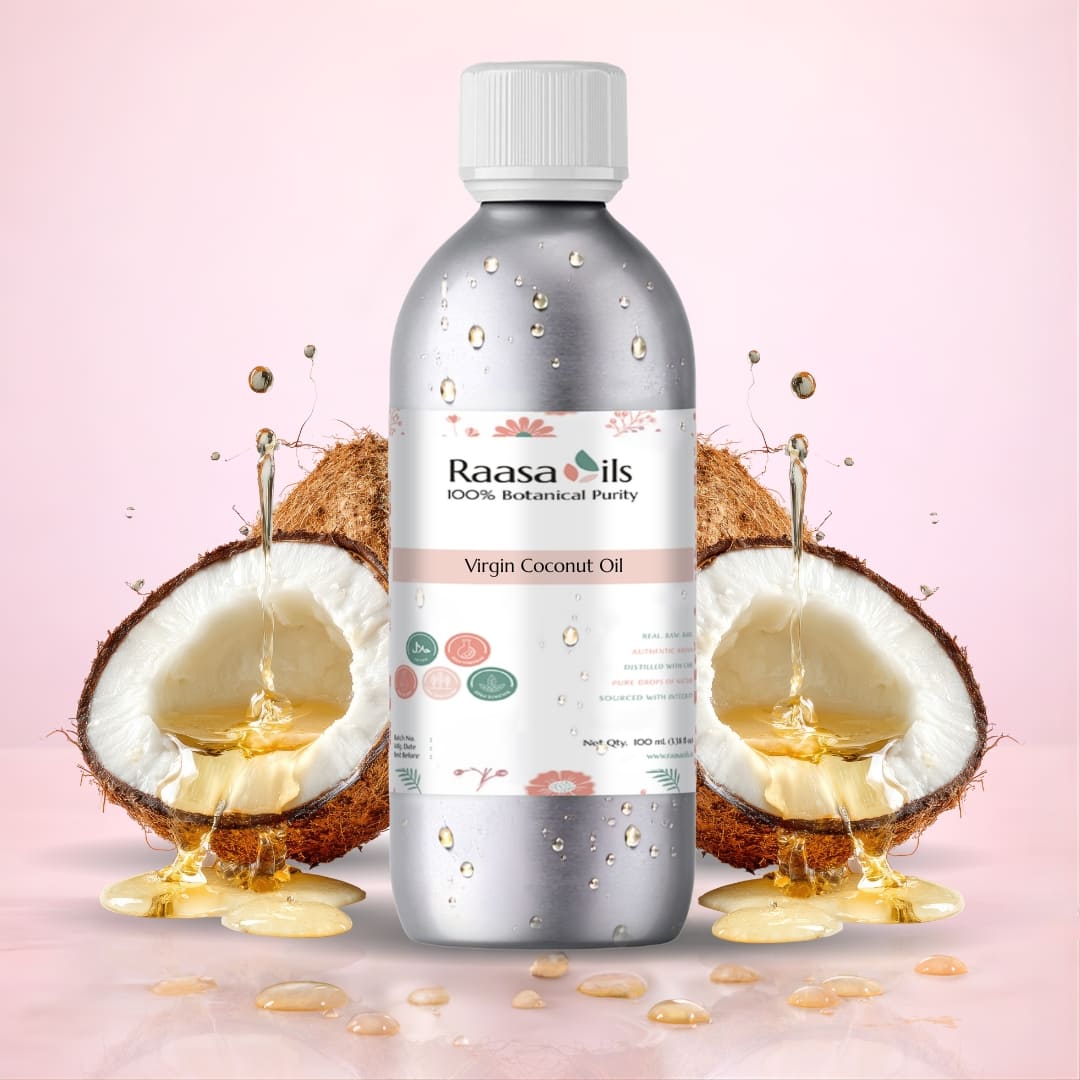 Bottle of Raasa Oils Virgin Coconut Oil with coconuts and oil splashes on a pink background