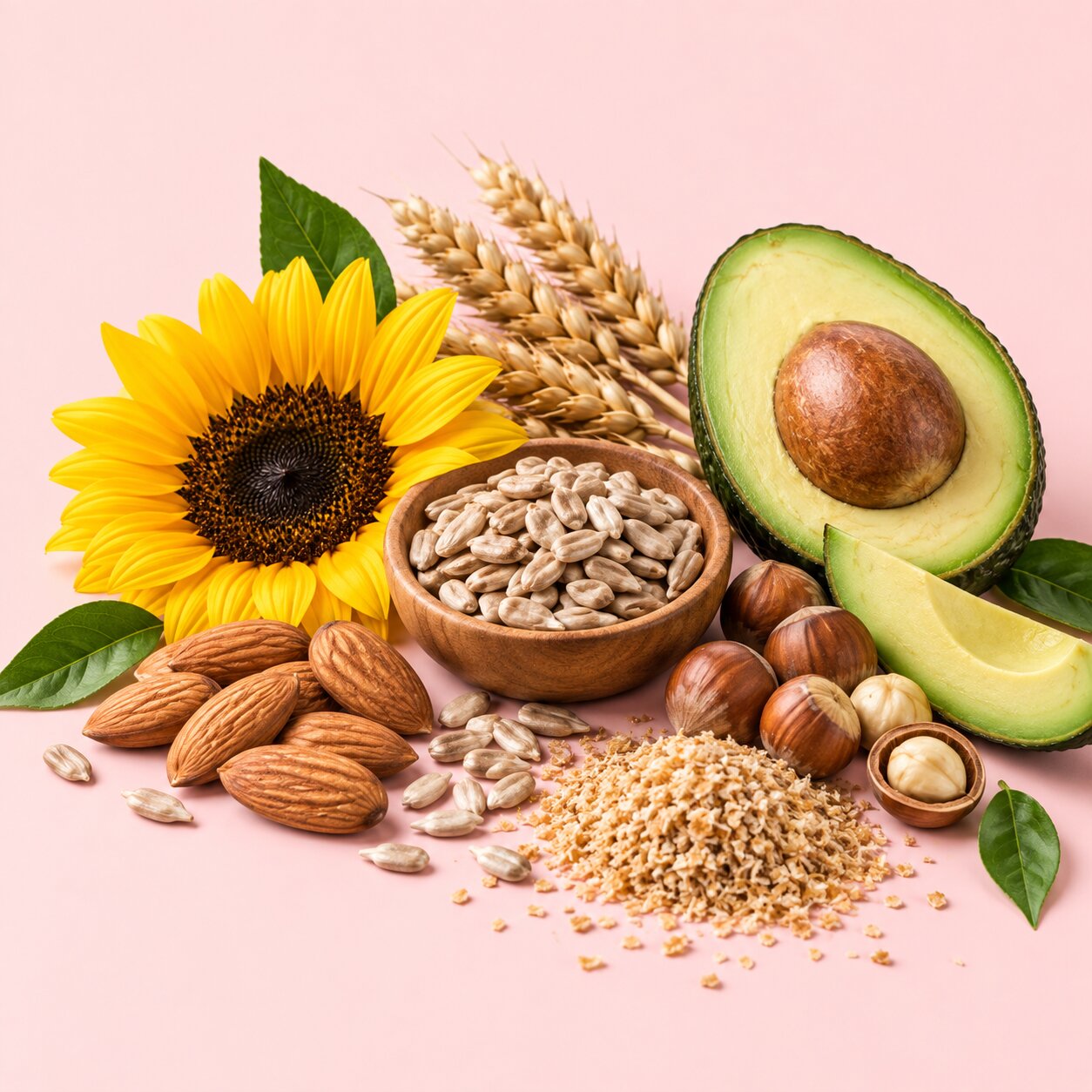 A styled flat-lay of various plant-based foods on a solid pink background, including a whole and halved avocado, a yellow sunflower, almonds, hazelnuts, a bowl of sunflower seeds, and grains.