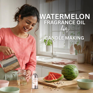 Woman in a kitchen preparing watermelon fragrance oil for candle making.