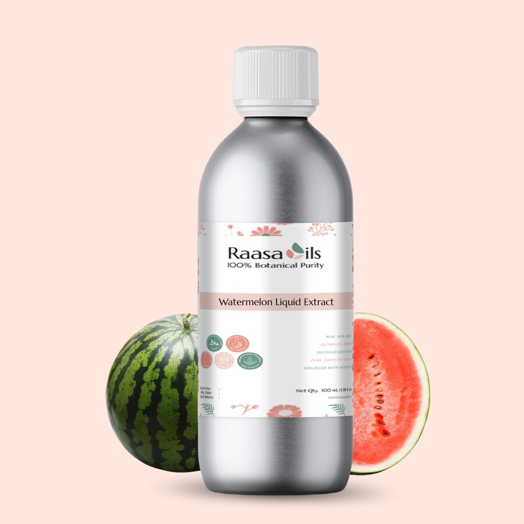 Bottle of Raasa Oils Watermelon Liquid Extract with a watermelon on a light pink background