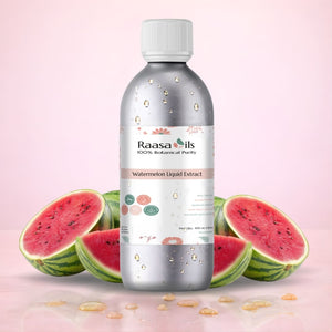 Bottle of Raasa Oils Watermelon Liquid Extract with a watermelon on a light pink background