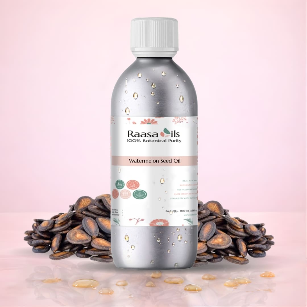 Bottle of Raasa Oils watermelon seed oil with seeds on a pink background