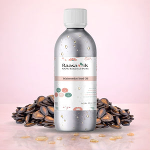 Bottle of Raasa Oils watermelon seed oil with seeds on a pink background