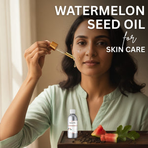 Woman applying watermelon seed oil to her face with text 'Watermelon Seed Oil for Skin Care'.