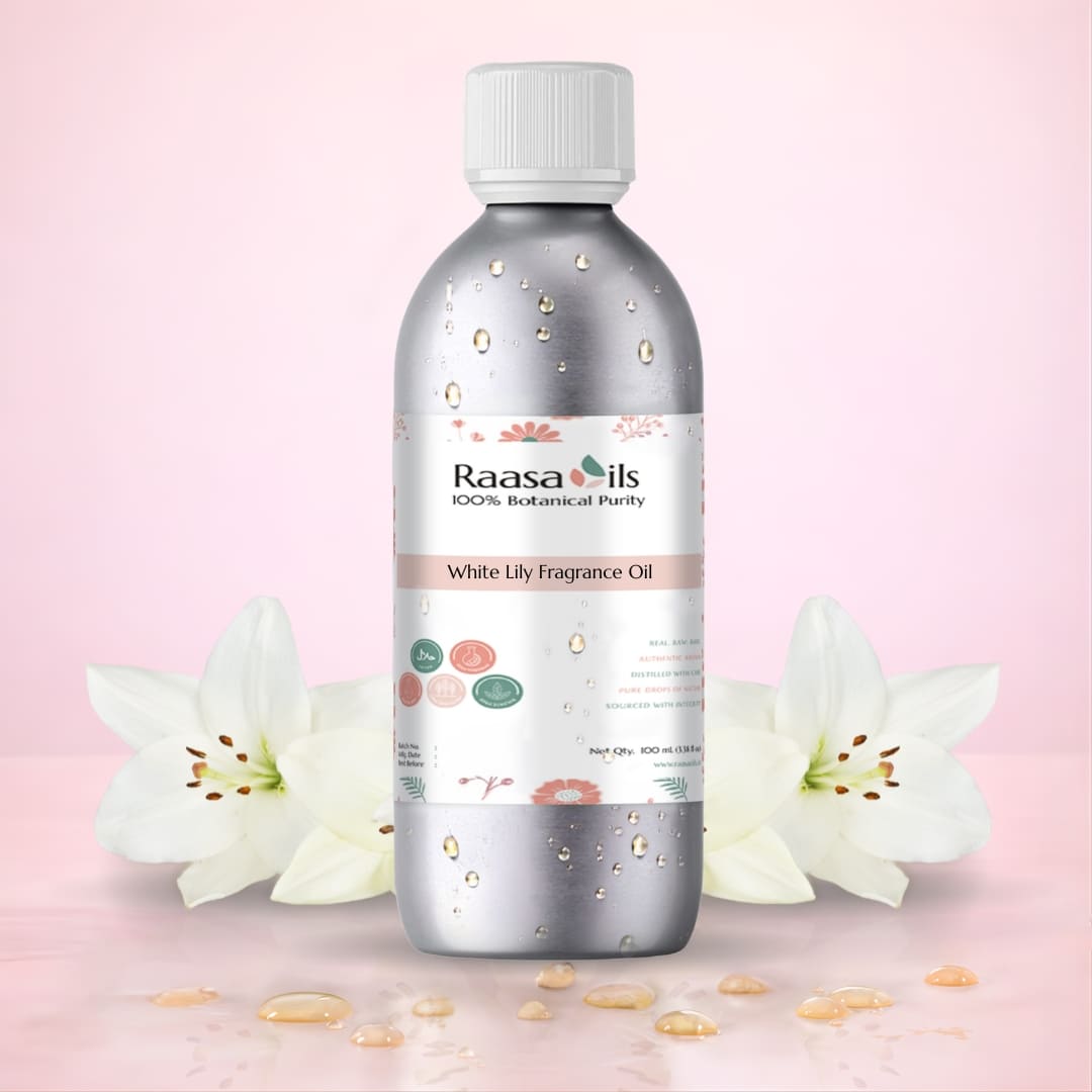 Bottle of Raasa Oils White Lily Fragrance Oil with white lilies on a pink background