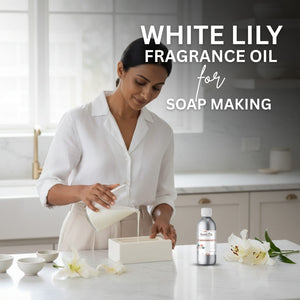 Woman making soap with White Lily fragrance oil in a kitchen setting