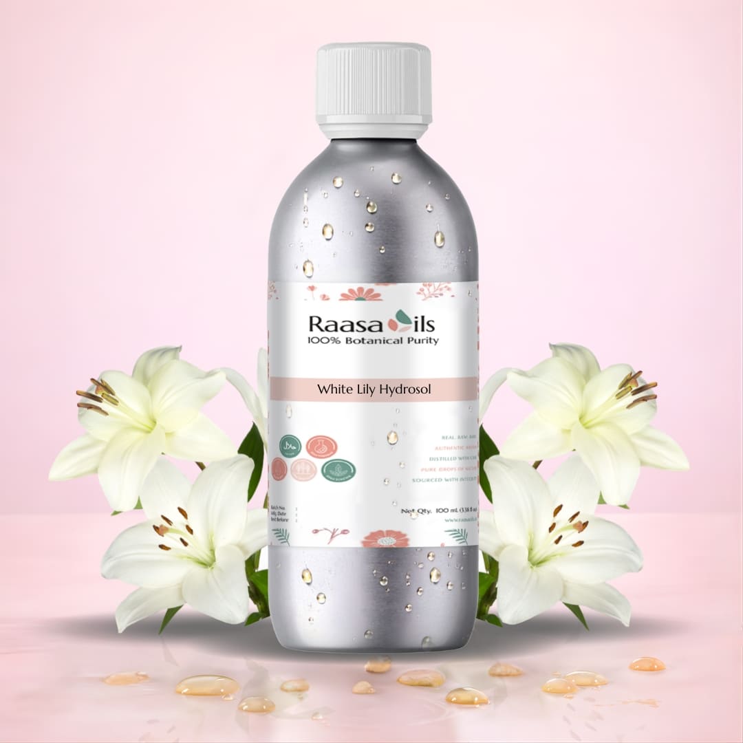 Raasa Oils White Lily Hydrosol bottle with white lilies on a pink background