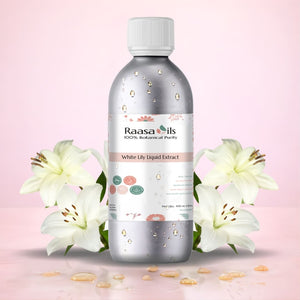 Raasa Oils White Lily Liquid Extract bottle with white lilies on a pink background