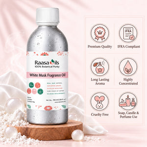 A bottle of Raasa Oils White Musk Fragrance Oil displayed on a wooden block with decorative pearls and powder, next to a feature infographic on a soft pink background.